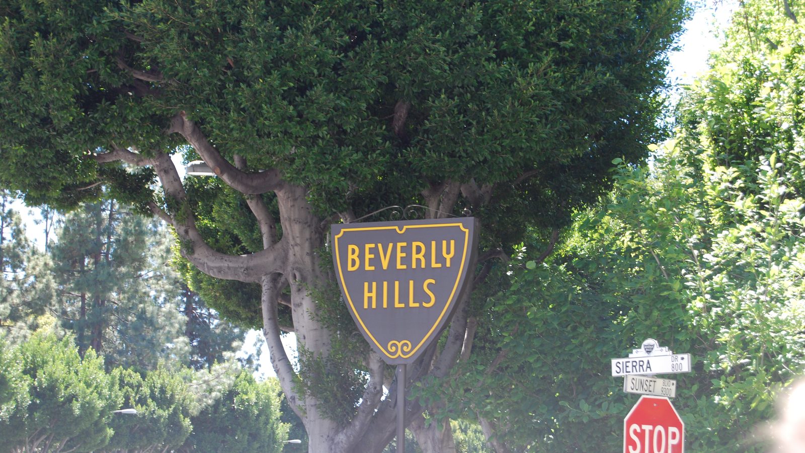 The Beverly Hills street sign at the corner of Sierra Drive and Sunset Boulevard