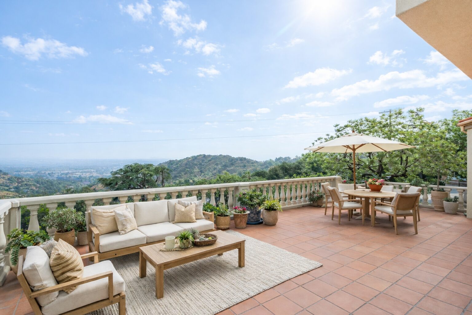 Terrace dining and lounge with panoramic views