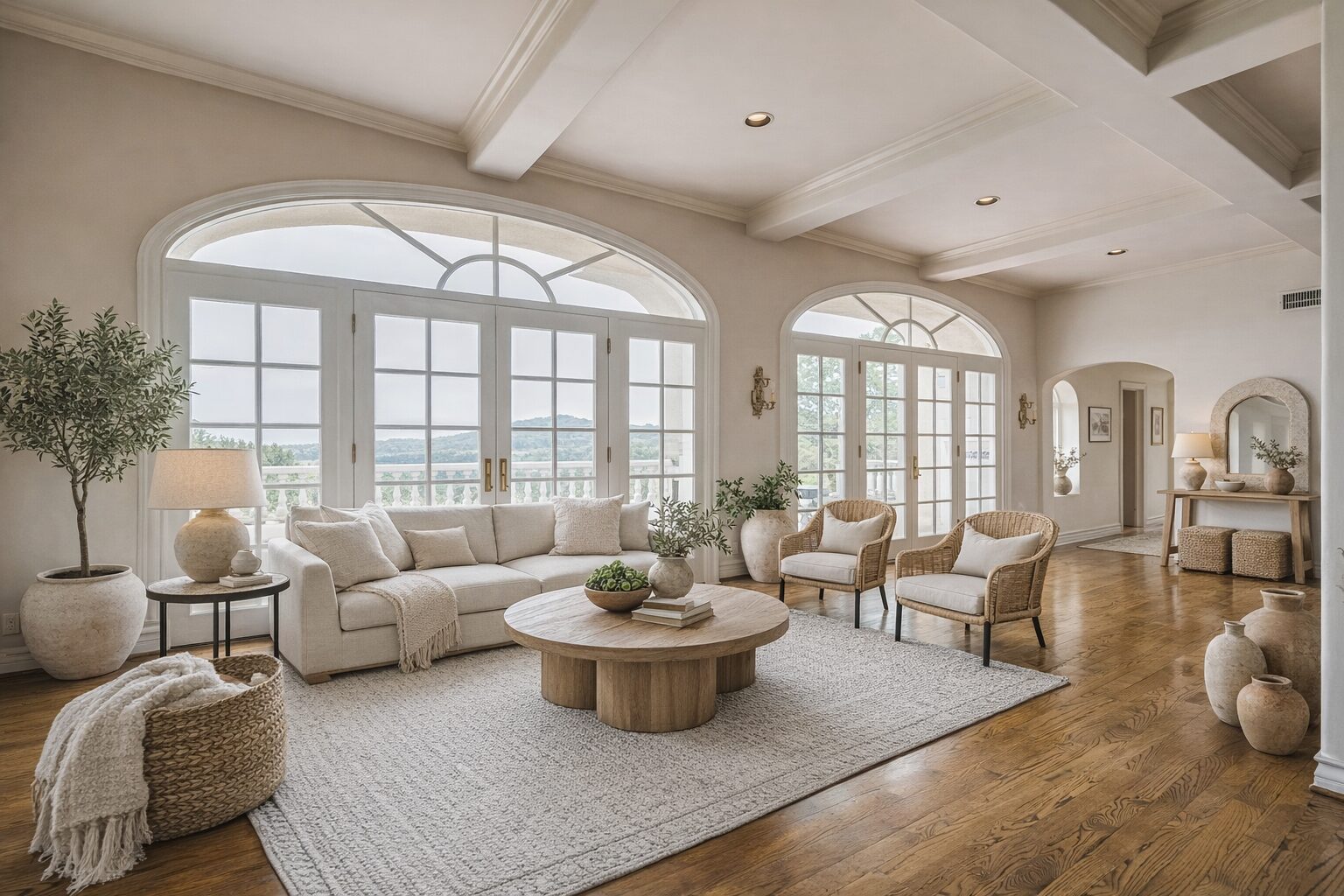 Living room with arched windows and hillside views