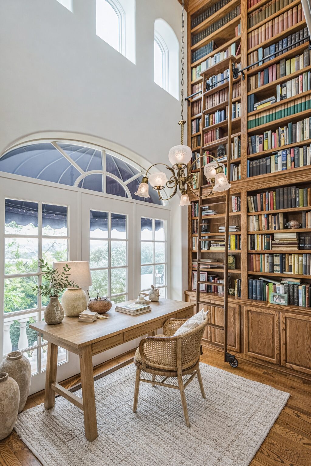 Library and home office with soaring ceiling