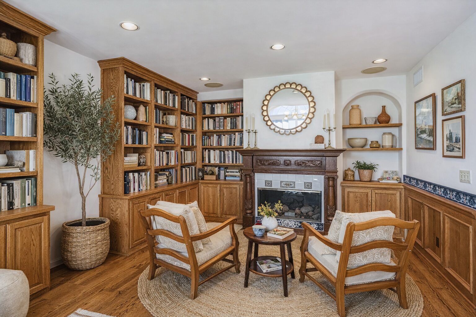 Library sitting room with carved fireplace