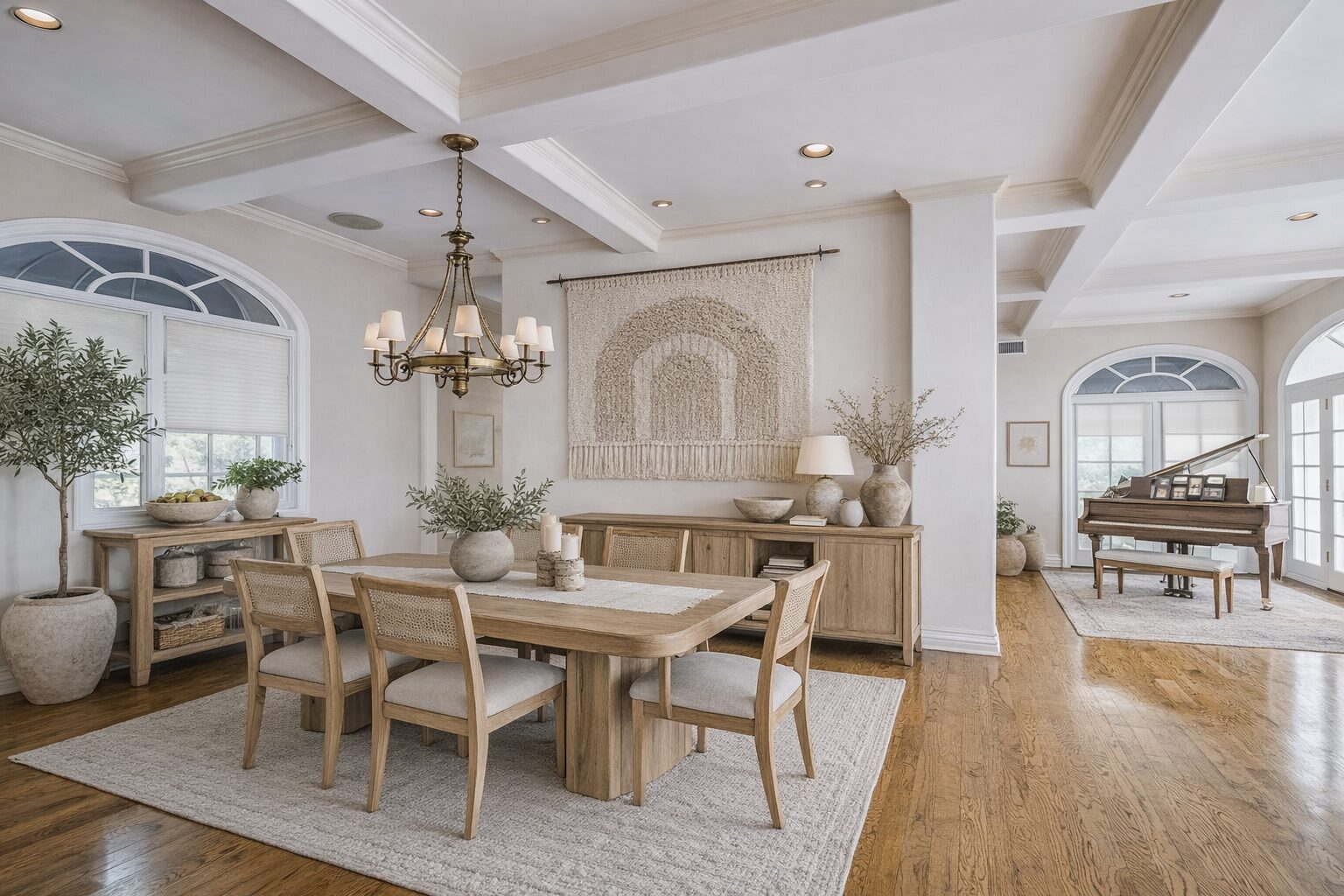 Formal dining room with coffered ceiling and piano