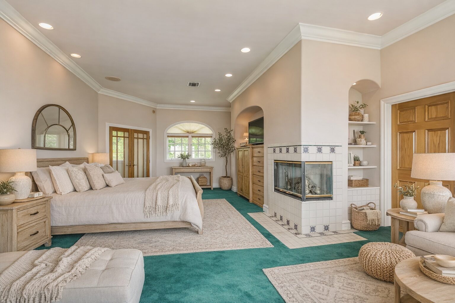 Primary suite with three-sided fireplace