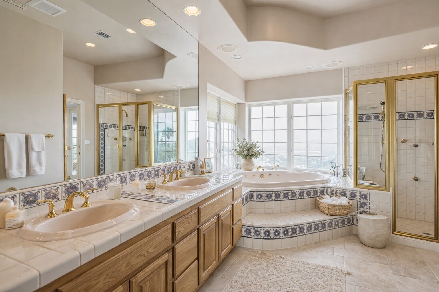 Primary spa bath with soaking tub and views