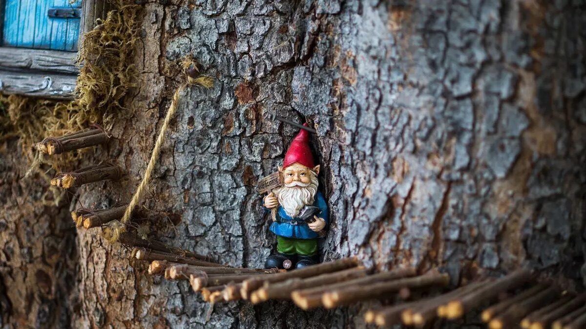 A gnome tucked into the trunk with tiny ladders